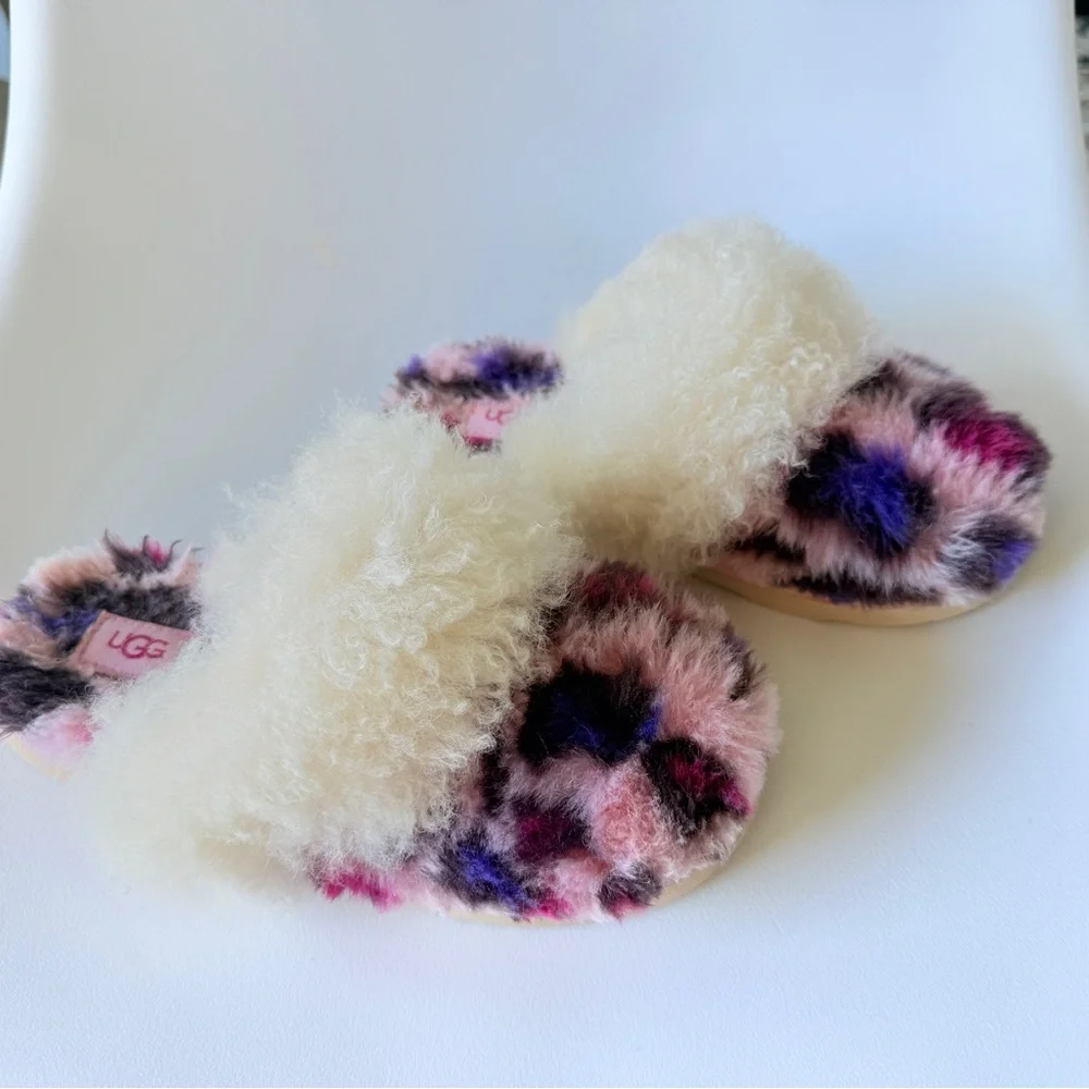 UGG Fluff Yeah Slide Slippers Kids Size 2 Pink Purple Tie Dye Shearling